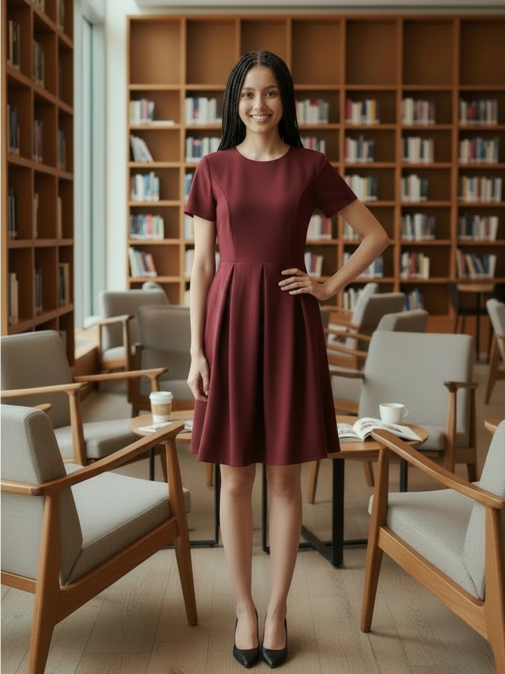 Classic Fit-and-Flare Short Sleeve Dress in Burgundy